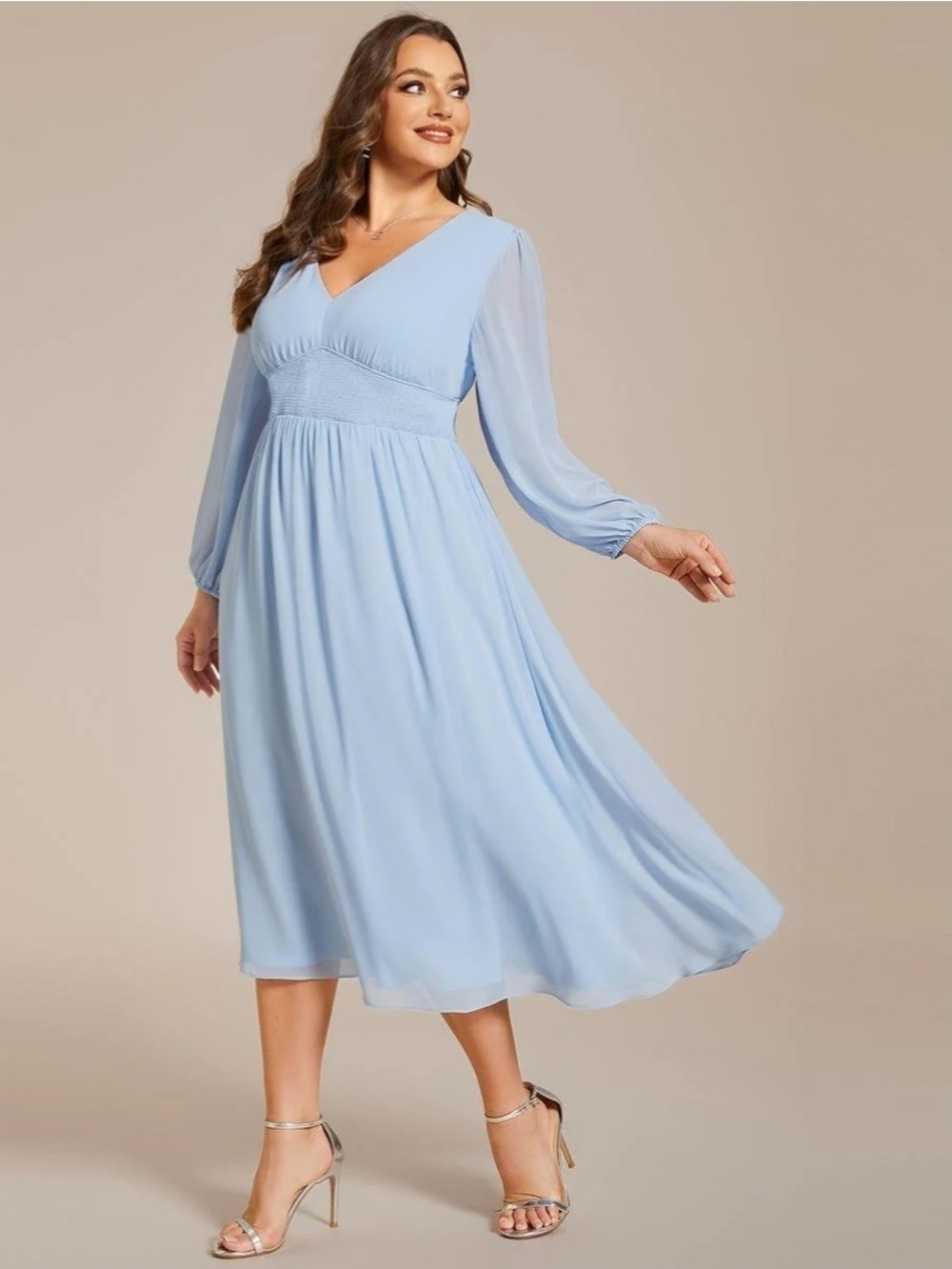 Ever Pretty Light Blue V-Neck Midi Dress with Sheer Long Sleeves - Picture 2 of 6